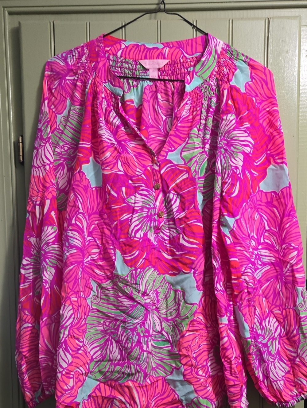 Lilly Pulitzer Hot Pink Floral Button-Front Tunic with Aqua Accents Size M